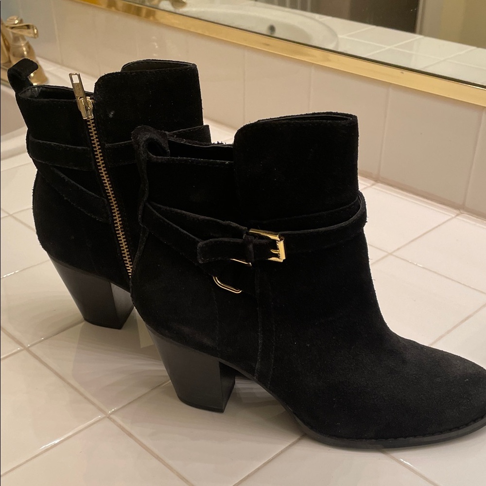 Ralph Lauren Black Suede Ankle Booties with Gold Accents